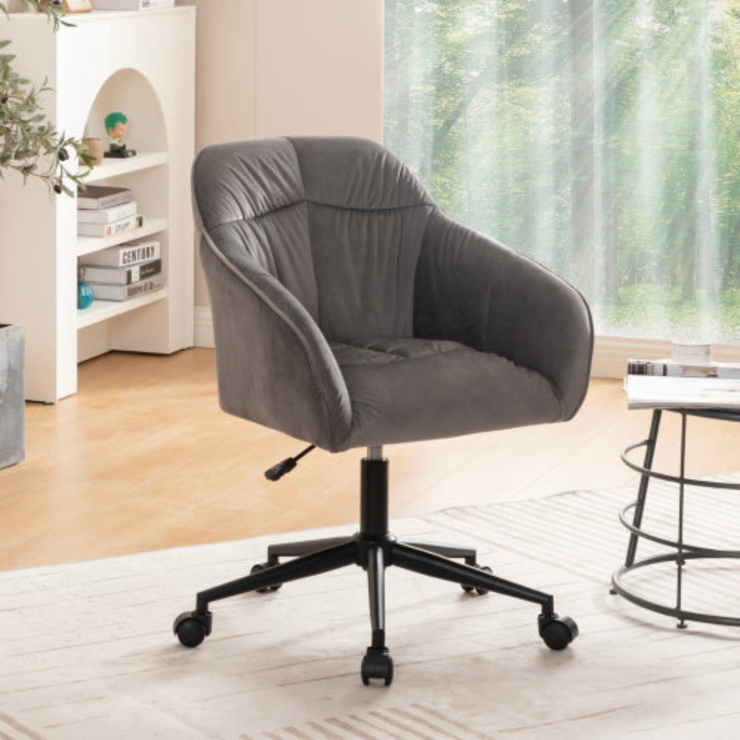 (p)Gray velvet swivel chair with height adjustment -1 piece - with backrest, armrests and wheels, suitable for home office