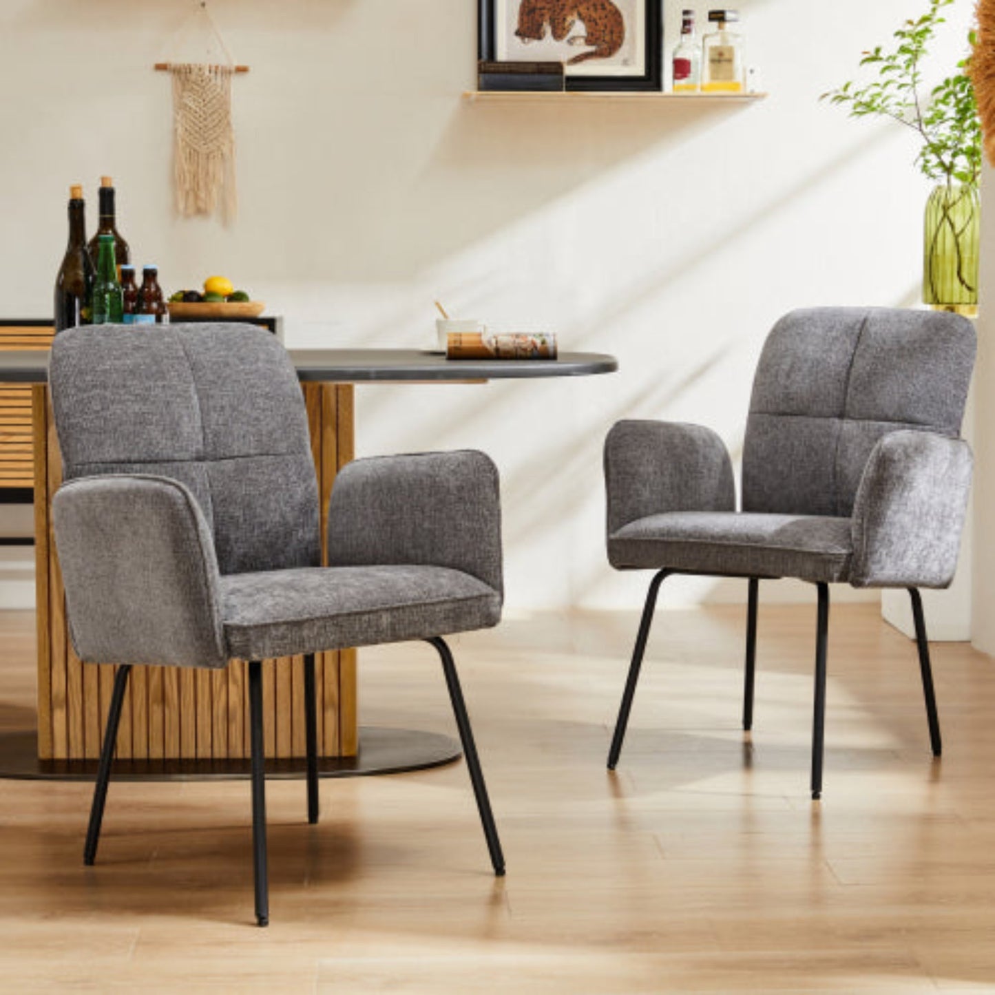 Grey Dining Chairs- Living Room Armchairs with Extra Wide Cushions and Black Metal Legs