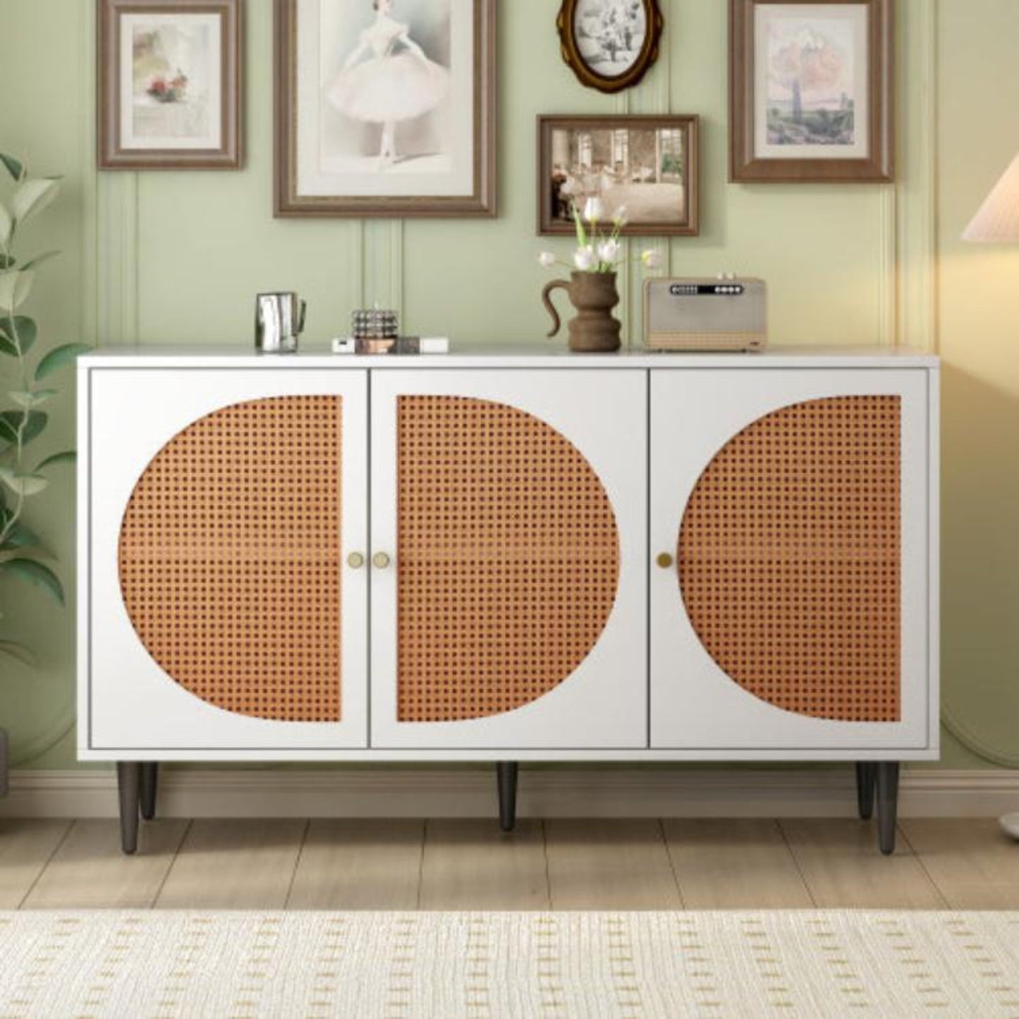 White Rattan-Decorated Sideboard,Chest of Drawers, Metal Handles, Multi-Room,129.8x40x76cm