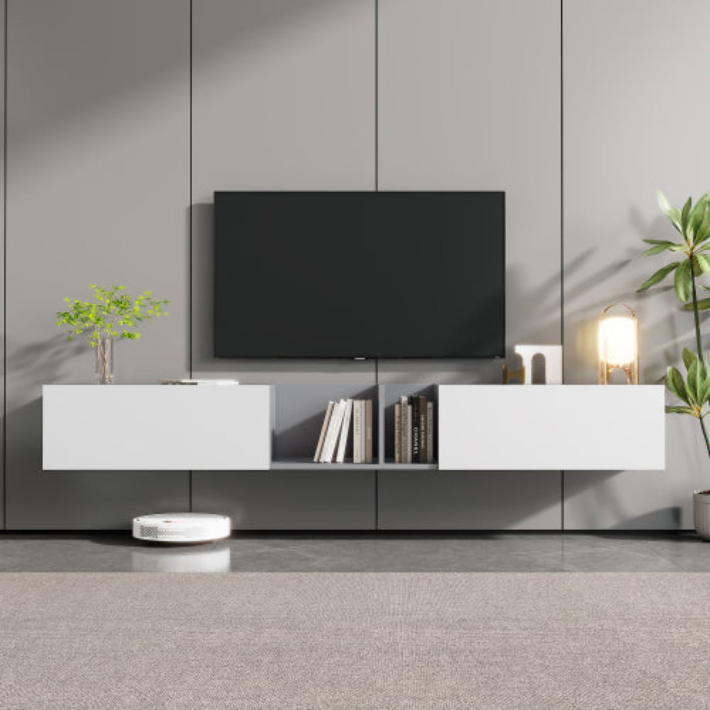 Large White TV Stand with Doors and Shelves- Perfect for 90 inches TVs, Stylish Living Room Media Console