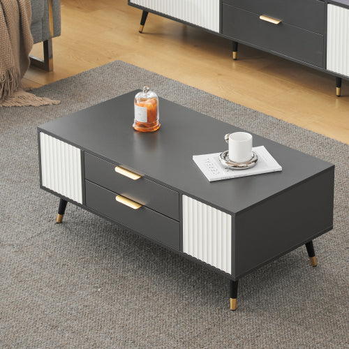 Modern Grey-White Coffee Table-2 Doors, 2 Drawers, Gold Accents, High-Quality Living Room Furniture