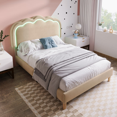 Beige Upholstered Single Bed with LED, Adjustable Headboard, Slatted Frame, YouthGuest Room Bed, Linen Material