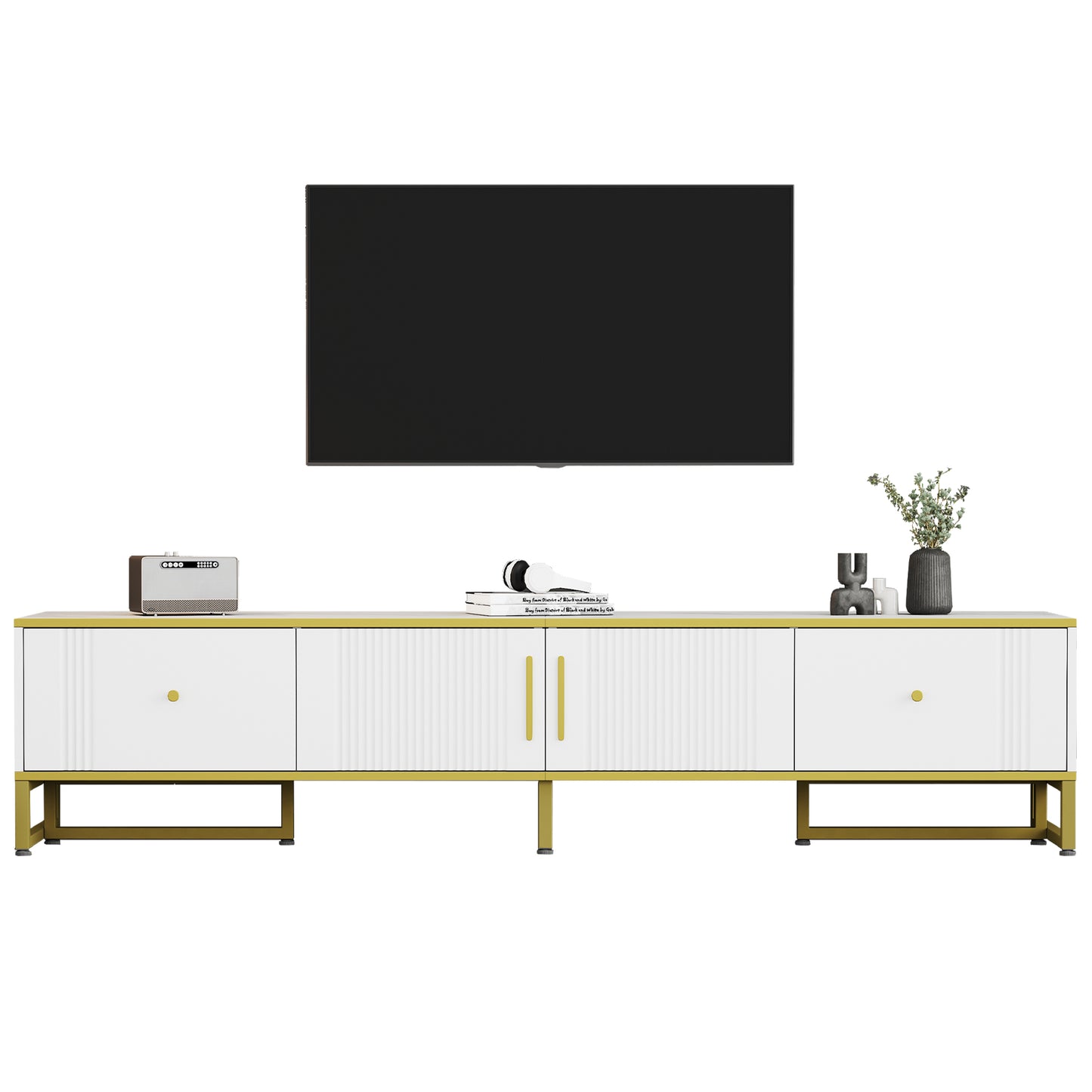 Elegant White TV Cabinet with Gold Border - Ideal for 80-Inch TVs