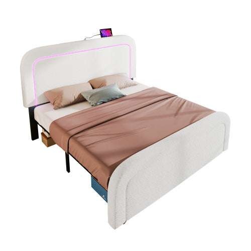 Sherp White Double Bed Frame-USB-C, LED, Adjustable Headboard, Storage