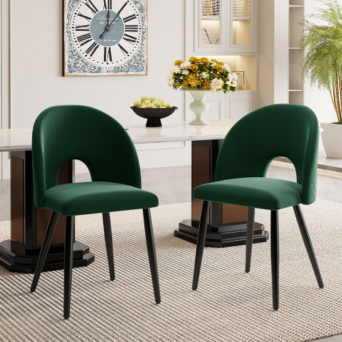 (p)Dining Chair (2 pcs), Upholstered Chair Design Chair with Backrest,Velvet Seat Metal Frame,Adjustable Feet,Diamond Pattern on the Back,Green