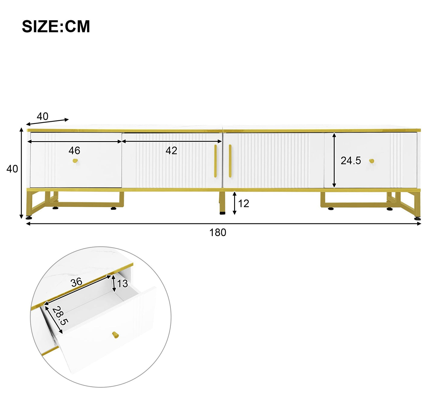 Elegant White TV Cabinet with Gold Border - Ideal for 80-Inch TVs