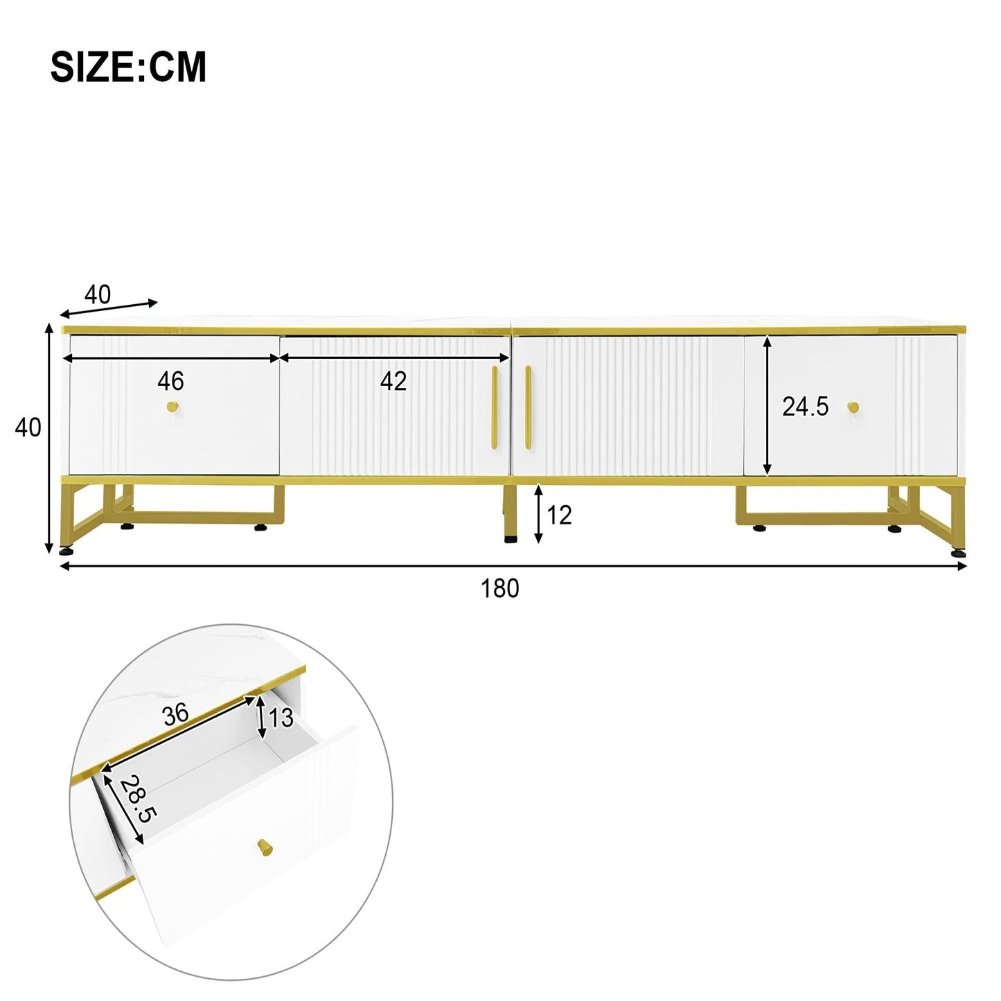 Elegant White TV Cabinet with Gold Border - Ideal for 80-Inch TVs