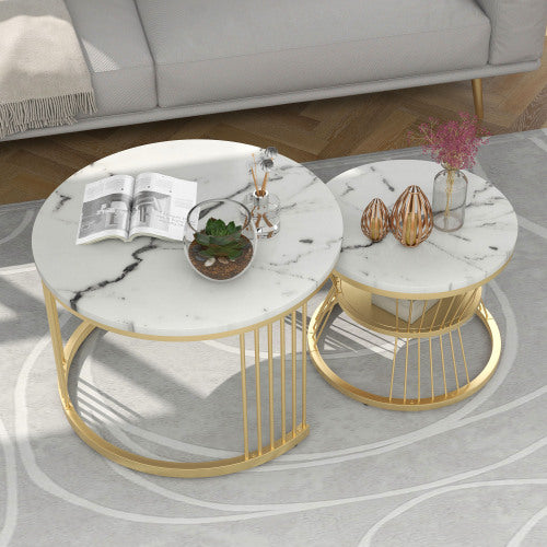 Modern Nesting Coffee Tables-Marble Veneer, Golden Frame, Versatile Side Tables-Set of 2