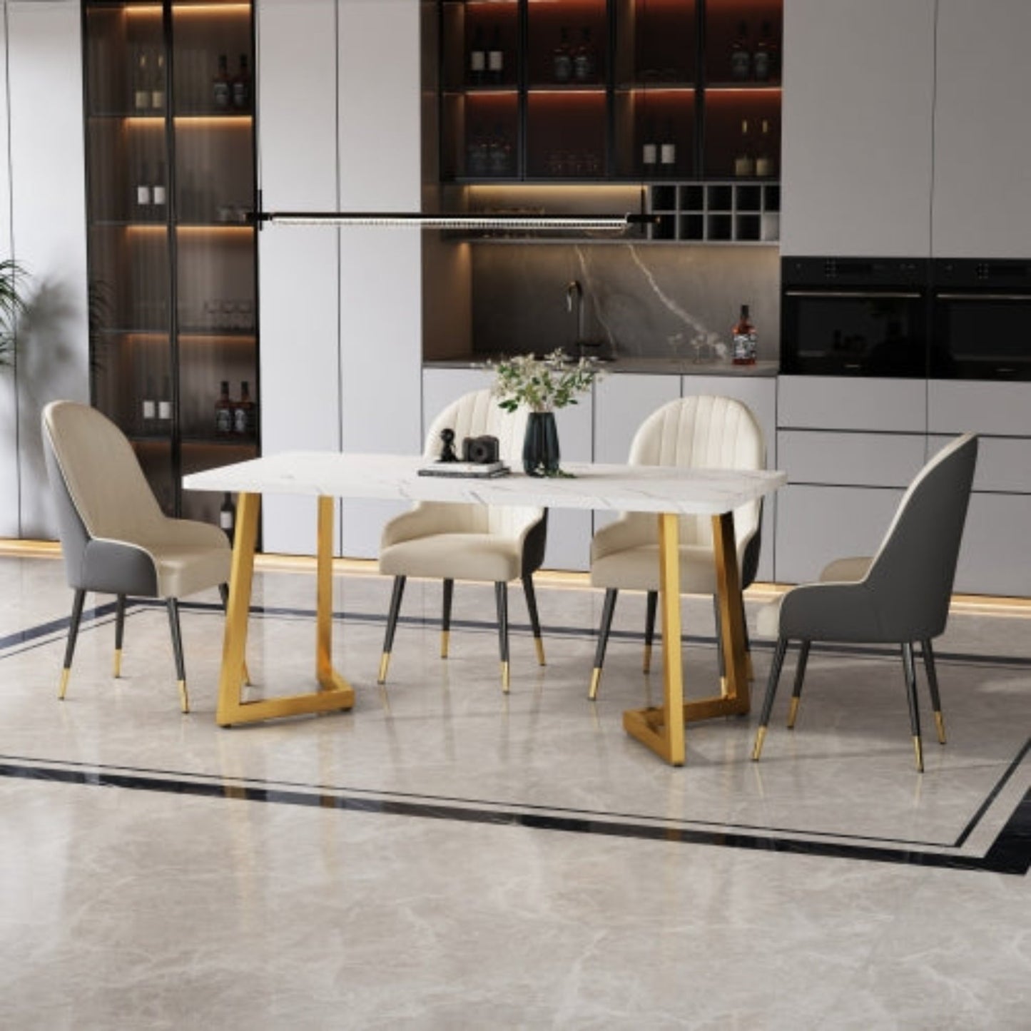 (p)Modern Marble-Pattern Dining Table-White with Golden Accents, Metal Frame, Perfect for Dining Living Rooms