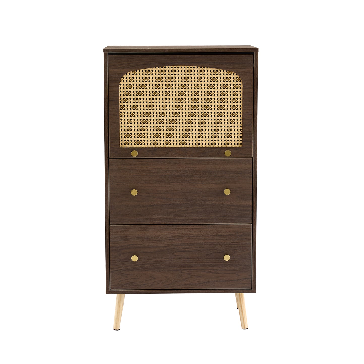 Rattan-Detail Walnut Cabinet - Modern Storage with Sliding Door- Gold Legs