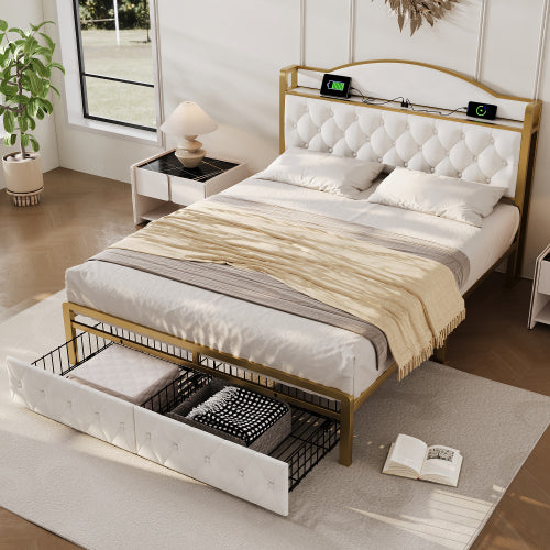 Light Beige Storage Double Bed-USB Type C Charging, Slatted Metal Frame