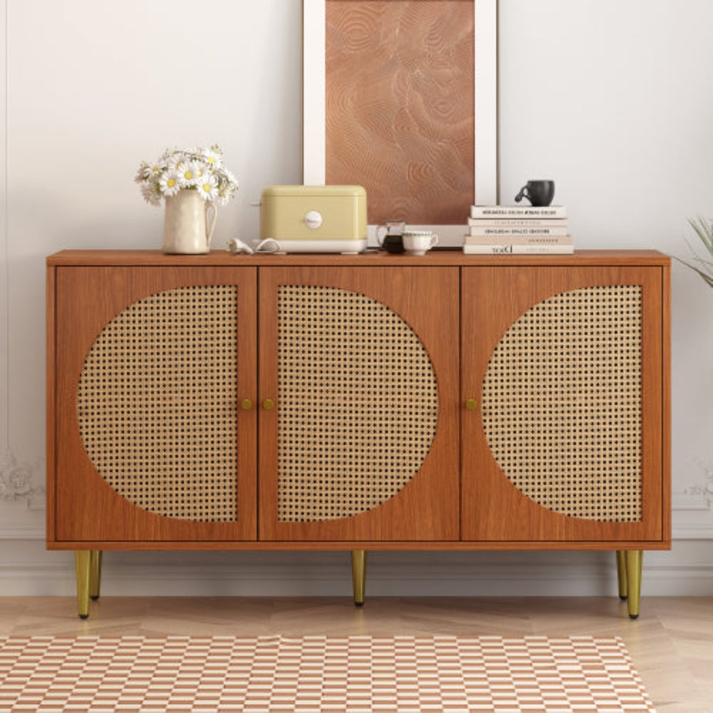 Walnut Sideboard,3 Rattan Doors, Metal Handles, Chest of Drawers,129.8x40x76cm