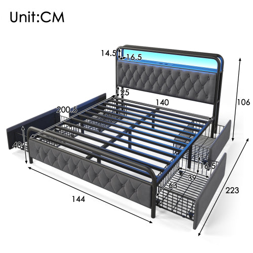 Modern Velvet Double Bed-USB Type C Charging, APP-Controlled LED, Metal Frame, 4 Drawers