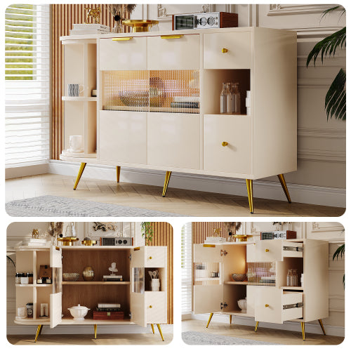 Beige Wooden Sideboard-Sliding Glass Doors, LED Lights, DiningLiving Room Storage Cabinet