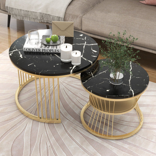 Modern Nesting Coffee Tables- Marble Veneer, BlackGolden Frame, Round Side Tables-Set of 2