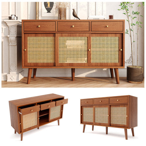 New Walnut Sideboard with 3 Drawers and 3 Rattan Sliding Doors, Gold Handles, Adjustable Shelves