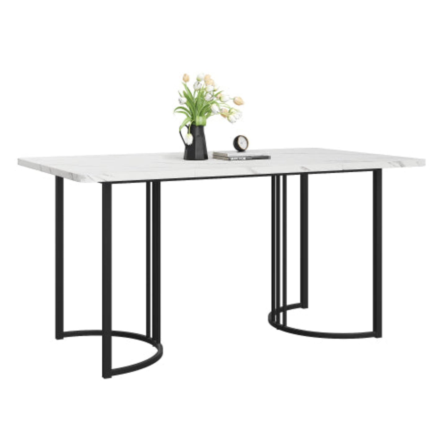 Modern Marble Pattern Dining Table,Metal Frame, Adjustable Feet, WhiteBlack