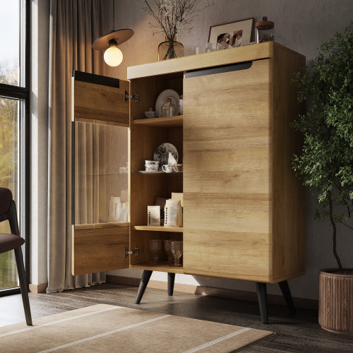 Modern Sideboard with Glass Doors-Natural Colour, Chest of Drawers, Perfect for Living Room Buffet