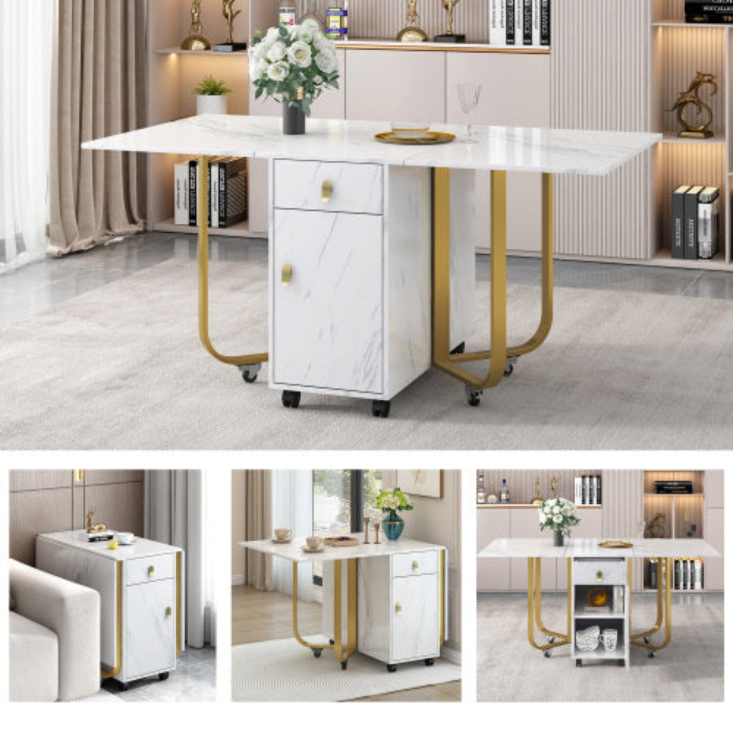 White-Gold Folding Dining Table-Cupboard, 2 Drawers, Space-Saving, 4 Legs