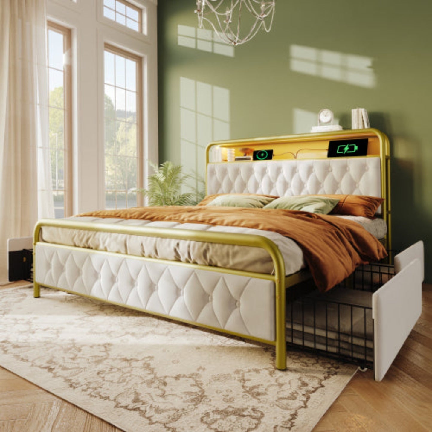 Double Upholstered Bed with USB Charging, APP-Controlled LED, Metal Frame, Velvet, 4 Drawers