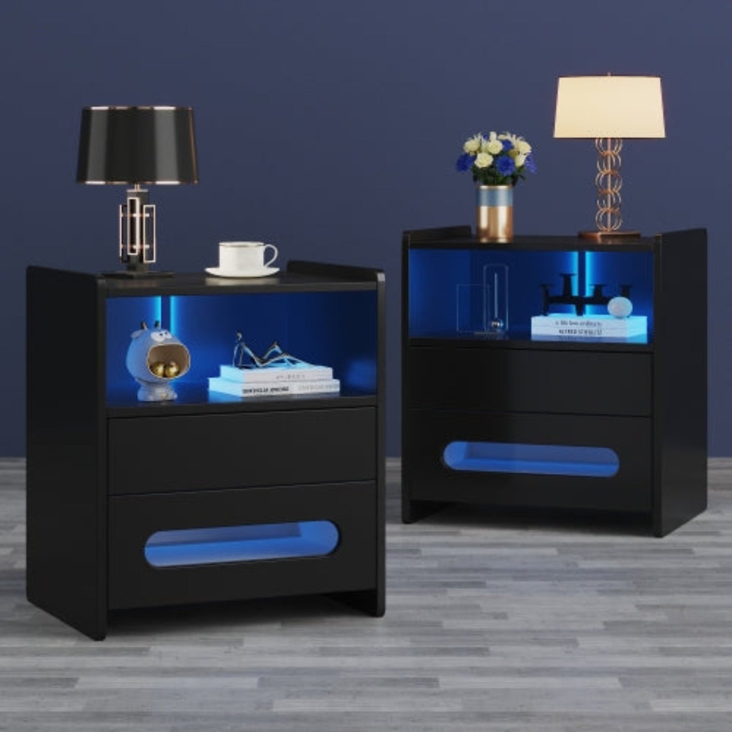 High Gloss LED Bedside Tables-Modern 2-Drawer Nightstands with LED Lighting, BlackSet of 2