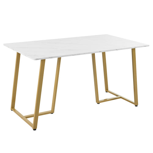 Modern Marble-Pattern Dining Table-Metal Frame, Adjustable Feet, White Golden for Dining Living Rooms