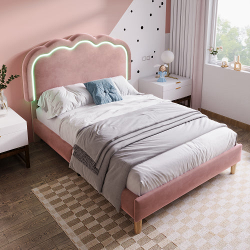 Pink Velvet Single Bed with LED, Adjustable Headboard, Slatted Frame, YouthGuest Room Bed Frame