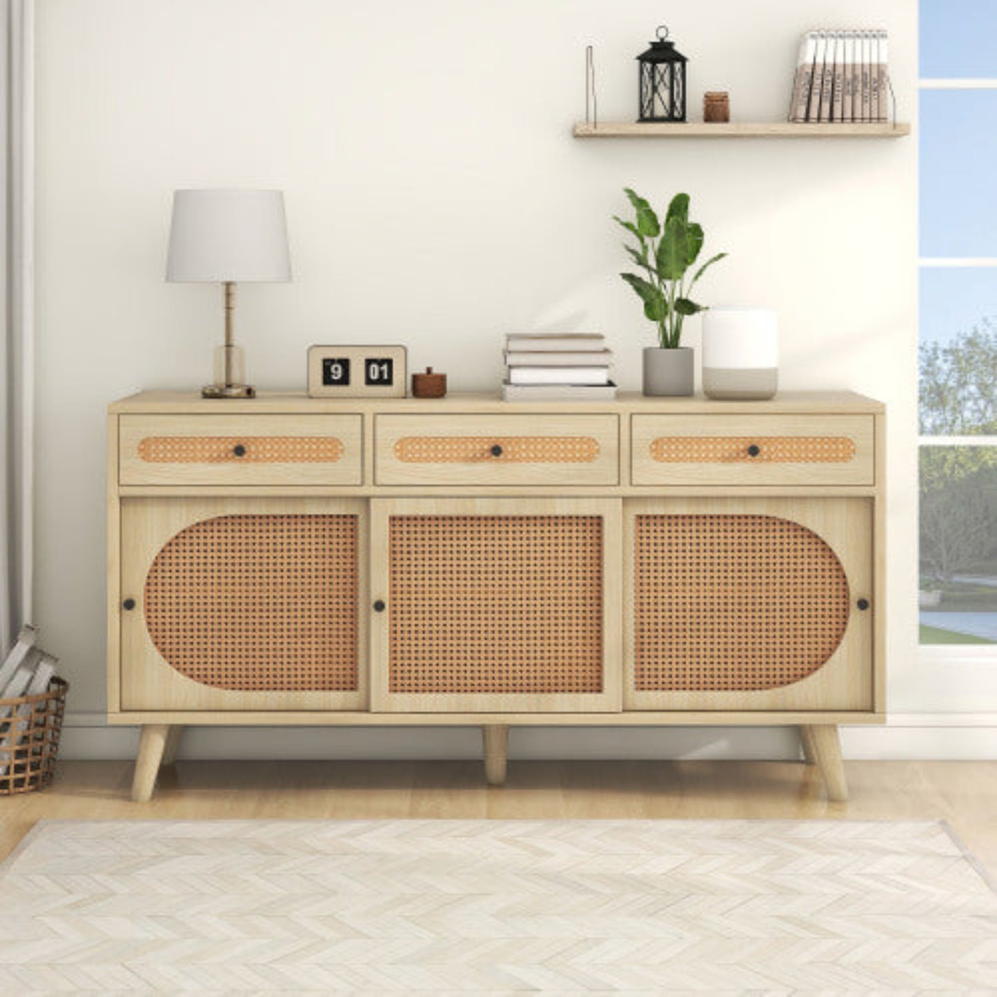 140cm Wooden Sideboard,PE Rattan Doors, Adjustable Shelves, 3 Drawers, Sliding Doors