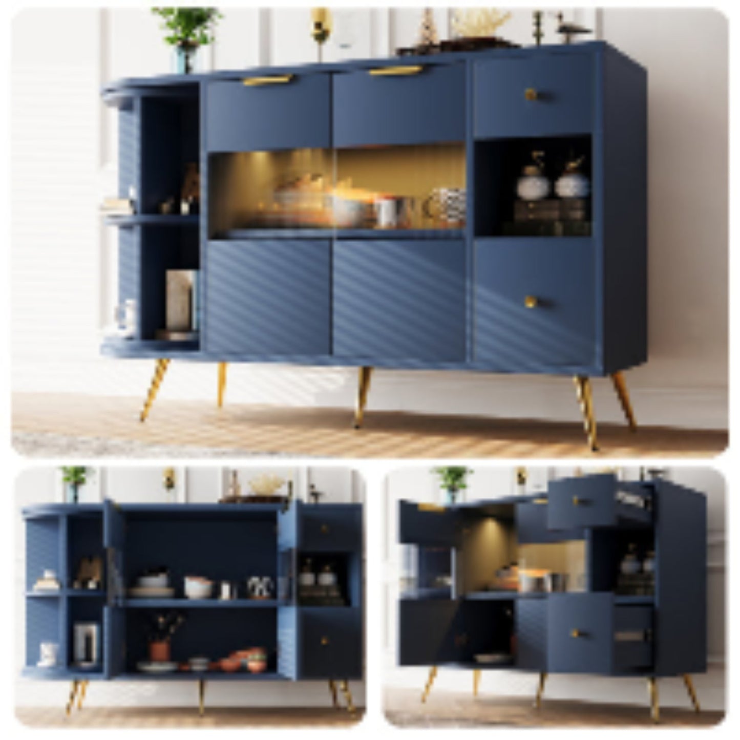 Blue LED-lit Wooden Sideboard with Sliding Glass Doors