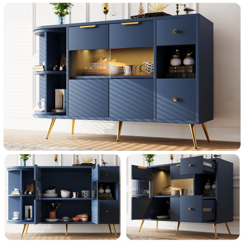 Blue LED-lit Wooden Sideboard with Sliding Glass Doors