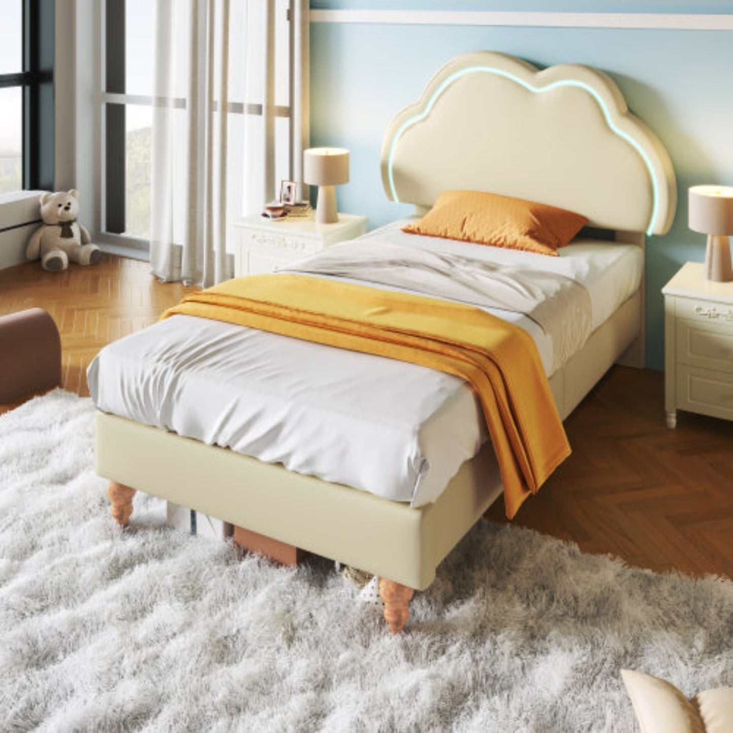 Cream PU Single Bed with LED, Upholstered Frame, Adjustable Cloud Headboard, Youth Bedroom-Guest Room