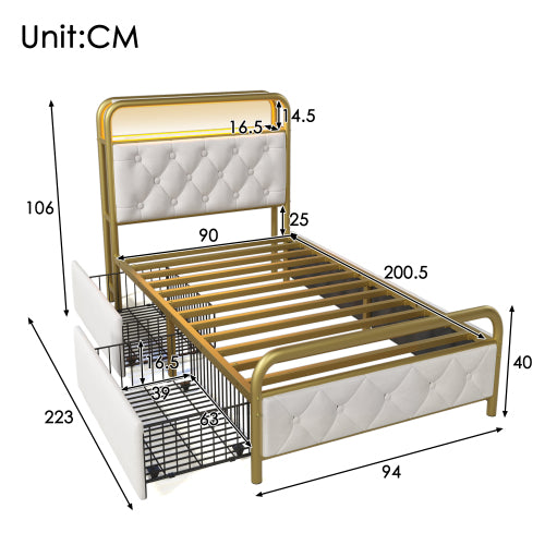 Velvet Single Bed with USB Type C Charging, APP-Controlled LED, Metal Frame, 2 Drawers