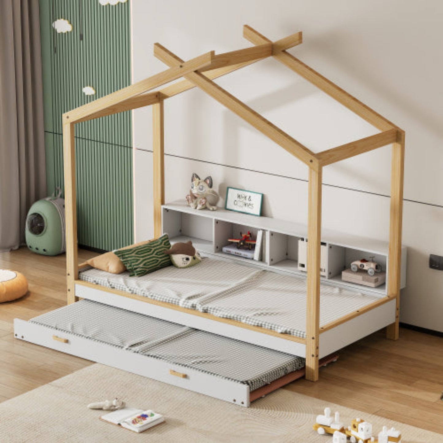 White Natural Children's House Bed with Storage, Trundle - Pine Frame