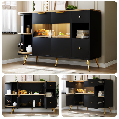 Modern Sliding Glass Door Sideboard-LED-lit, Black Wooden, Adjustable Feet