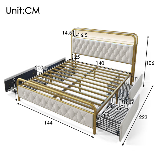 Luxury Velvet Double Bed: USB Charging, Smart LED, Metal Frame, 4 Storage Drawers