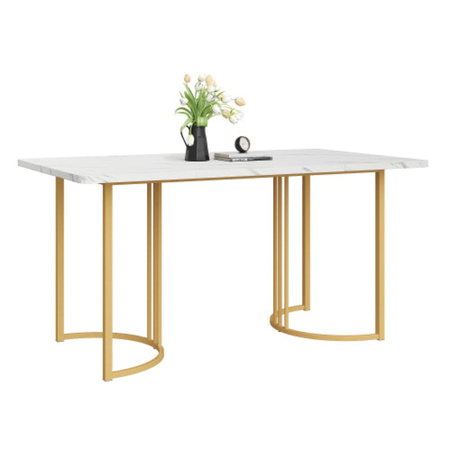 White Golden Modern Marble Pattern Dining Table, Metal Frame, Adjustable Feet