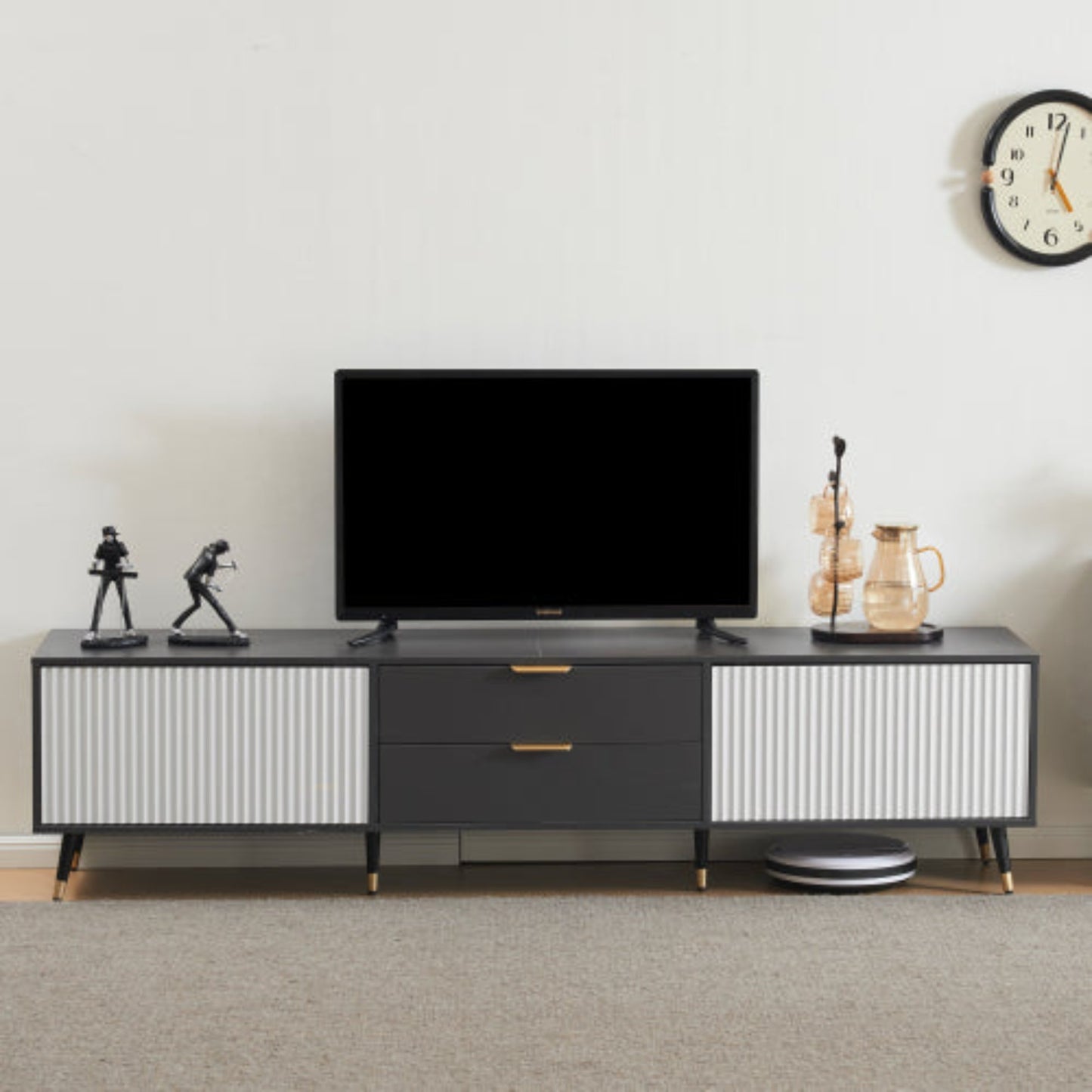 Elegant Grey-White TV Cabinet- 2 Drawers, 2 Doors, Cable Management, Modern Design