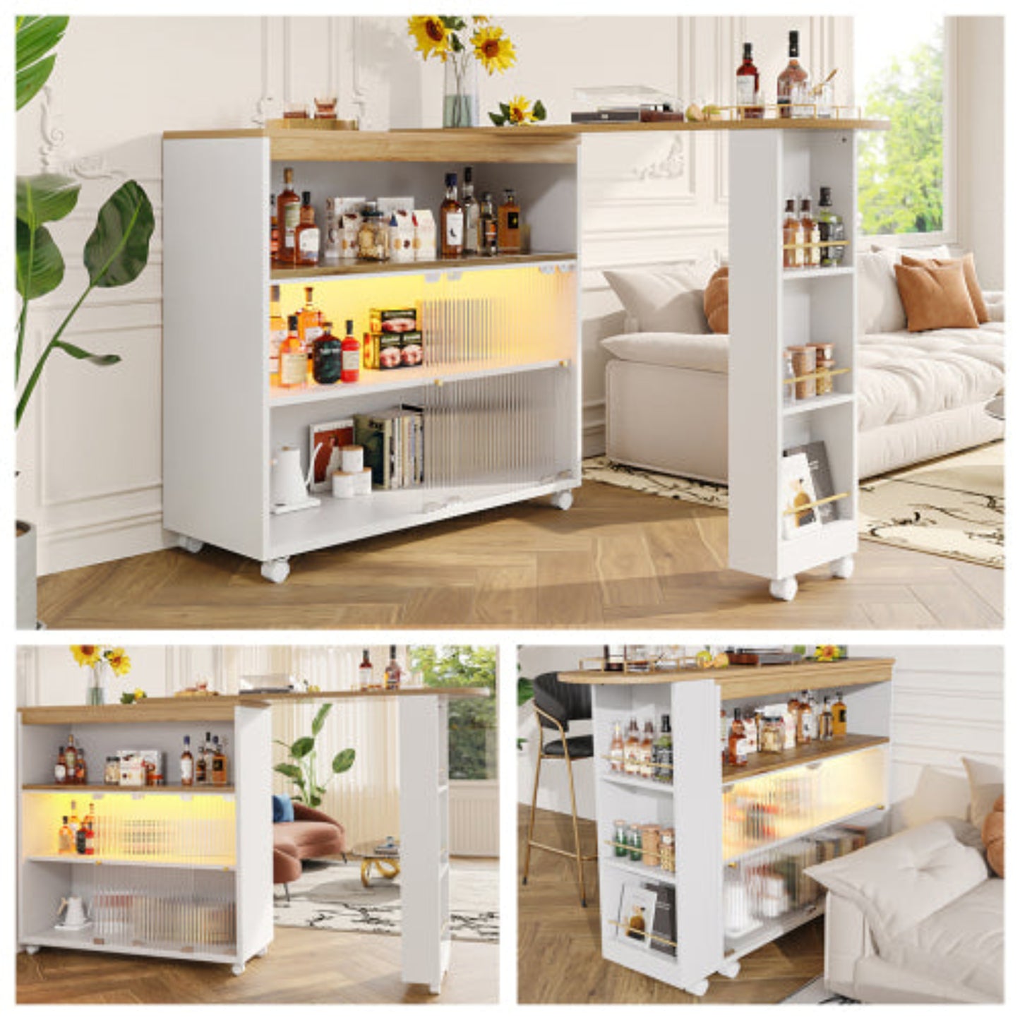 White Extendable Bar Table-Storage, LED, Telescopic, Modern 138-204x39x105cm