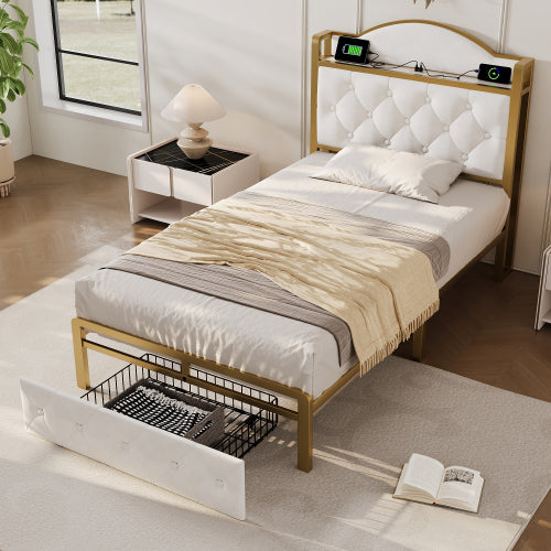 Light Beige Single Bed-USB Type C, Storage Drawers, Slatted Metal Frame -Mattress Not Included