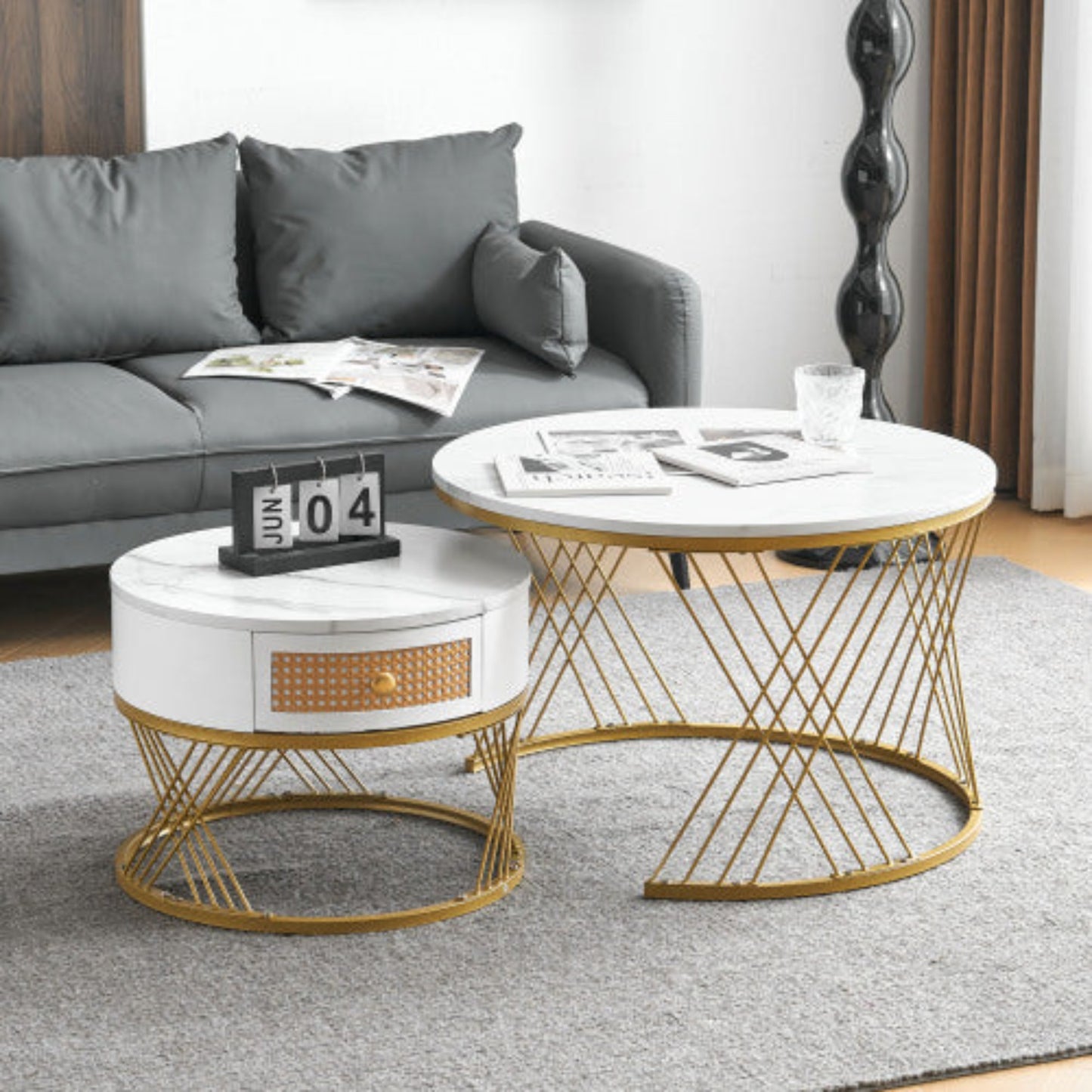 Elegant 2-Piece White Coffee Table Set- Marble Texture, Plastic Rattan Drawers, Gold Accents