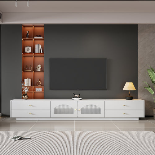 White TV Cabinet with 4 Drawers and 2 Glass Doors for 90 Inch TV