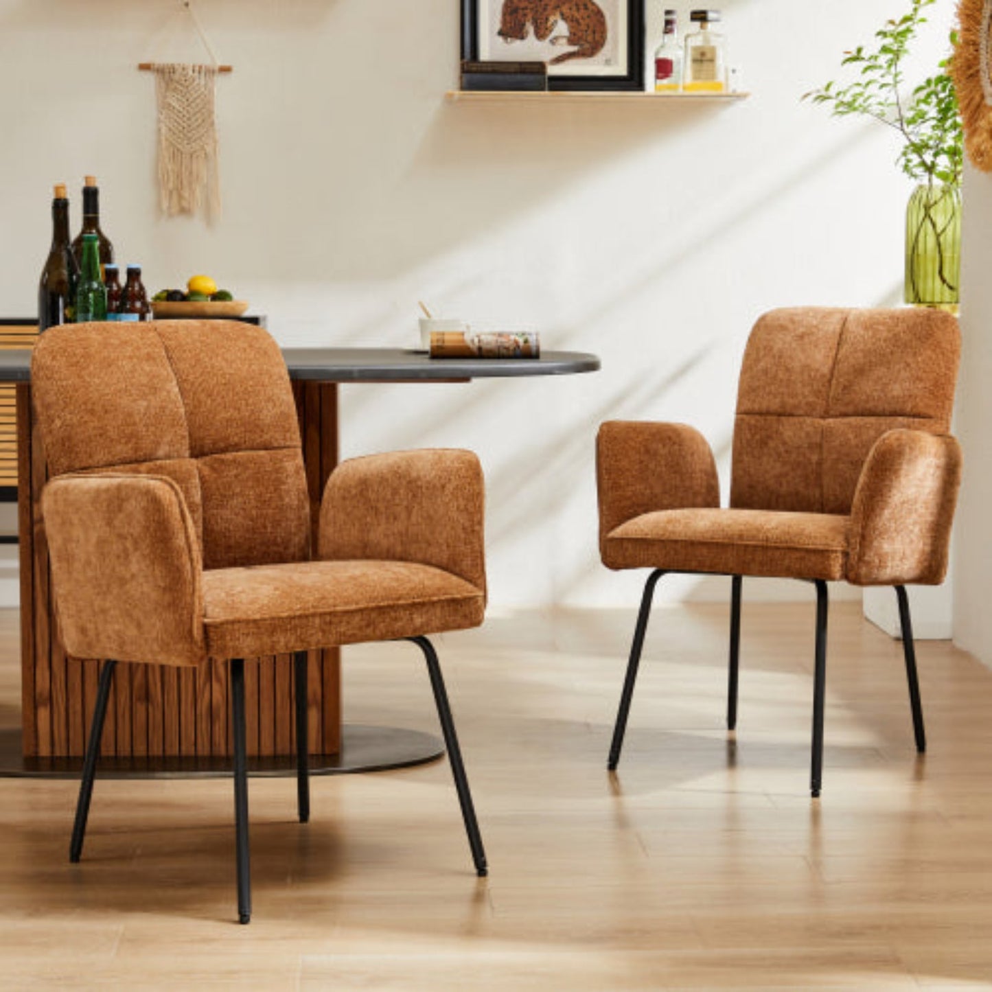 Brown Dining Chairs- Living Room Armchairs with Extra Wide Cushions and Black Metal Legs