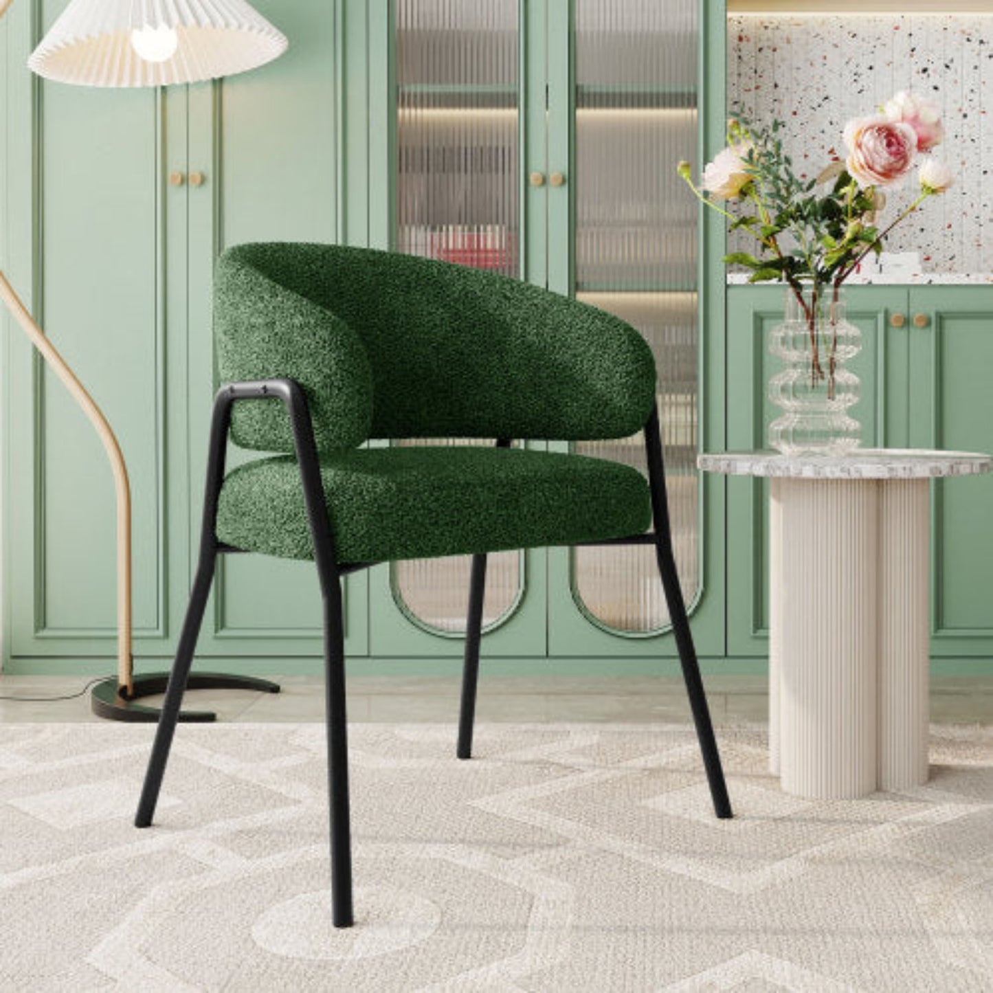 (p)Lush Green Velvet Dining Chair-Modern Living Room Armchair with Black Legs