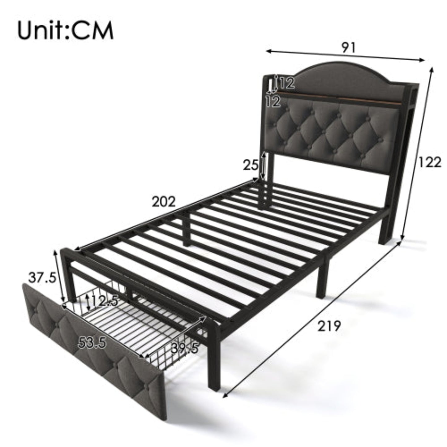 Grey Single Bed-USB Type C Charging, Storage Drawers, Slatted Metal Frame