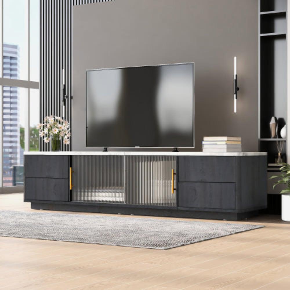 160cm Grey TV Stand,70 inches TV, Marble Top, Cable Management, Push-to-Open Drawers