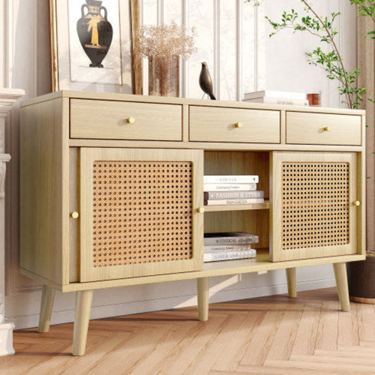 Oak sideboard with drawers and sliding rattan doors, solid wood legs, gold metal handles, adjustable shelves