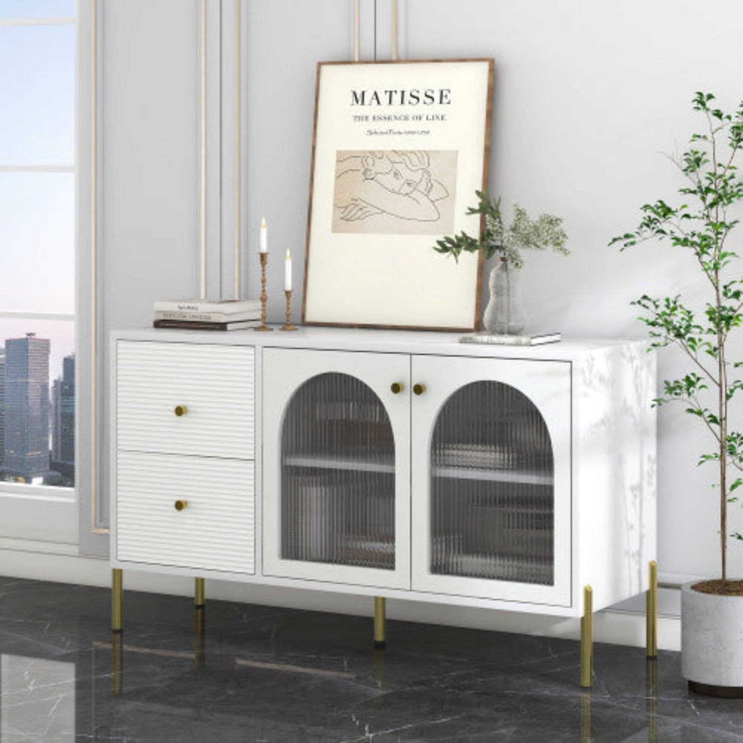 120cm White Gold Sideboard,Marble Top, Adjustable Shelves, 2 Doors, 2 Drawers, Glass Cabinet