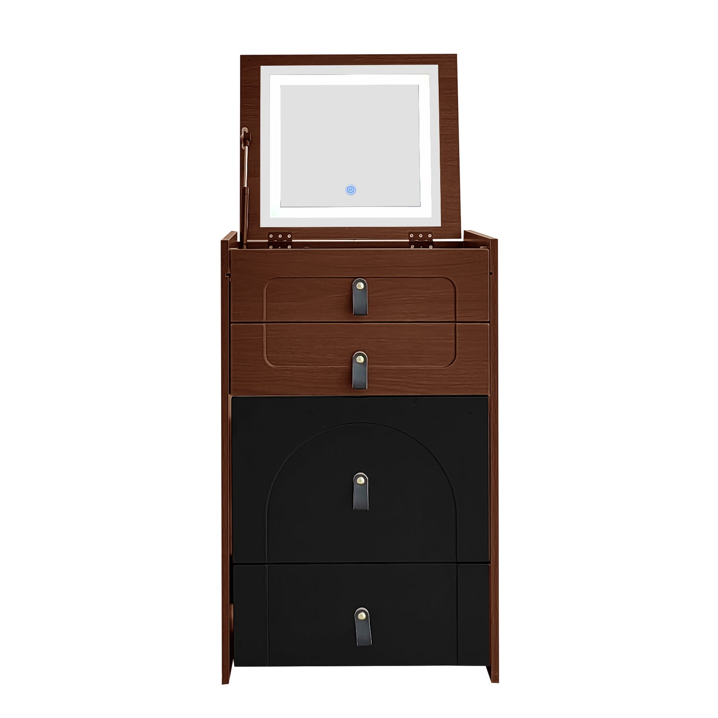 Multifunctional Black-Brown Dressing Table with LED-lit Mirror and Storage Stool