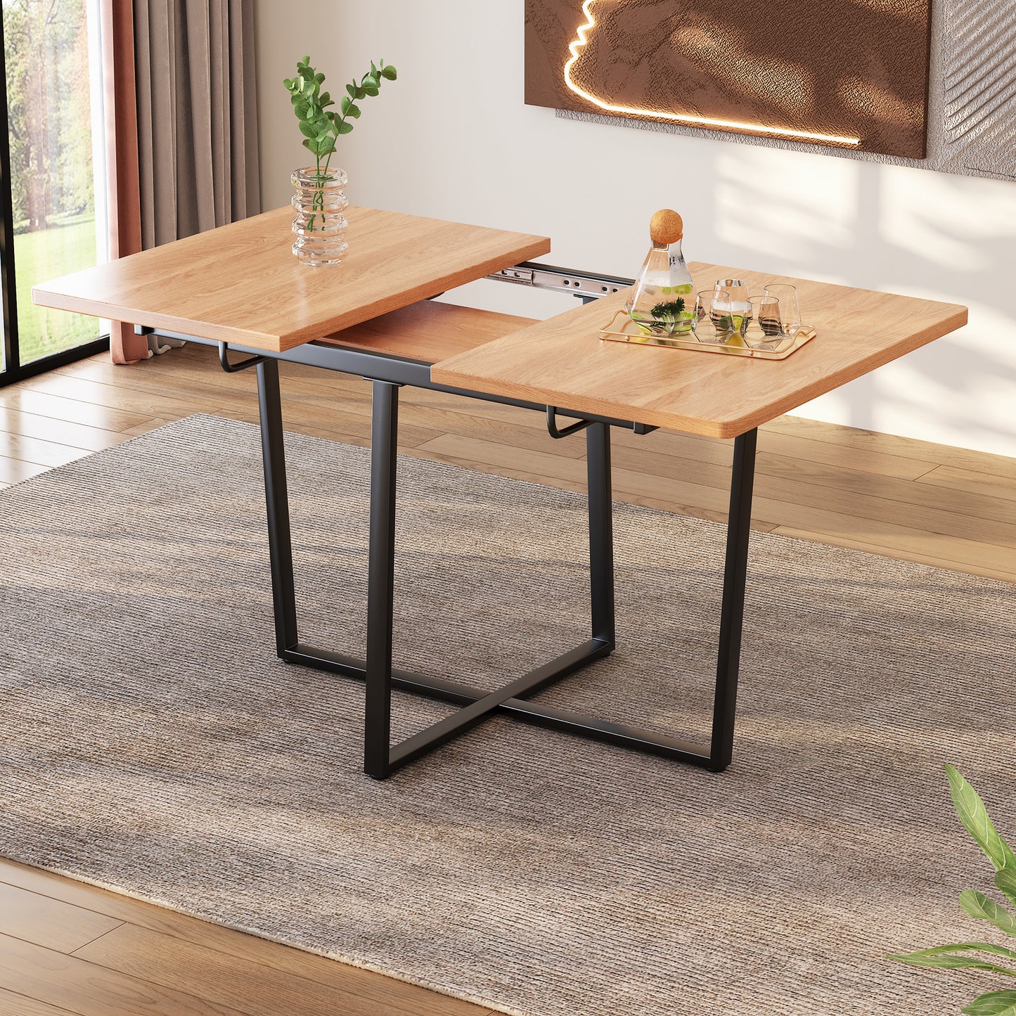 Stylish Extendable Dining Table with Black Legs-oak