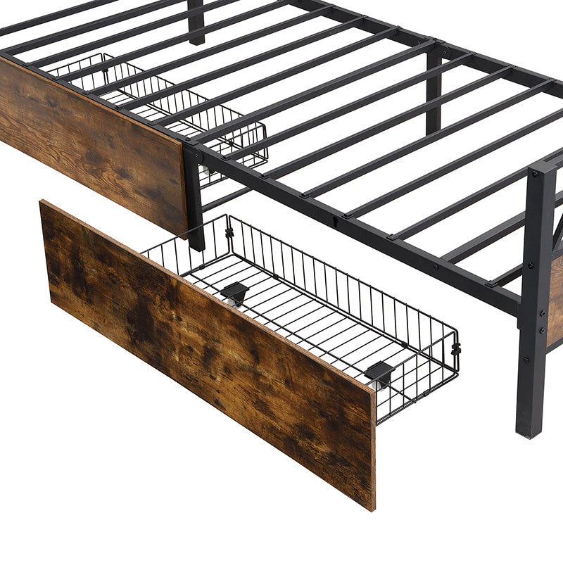 Vintage-Style Metal Kids Bed with Storage Drawers - Black & Walnut, 90x200 cm